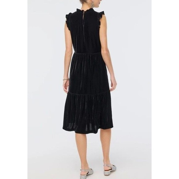 J Crew Sz 8 Black Velvet Tiered Midi Dress Ruffle Neck & Sleeve Stretch Pockets - Picture 4 of 13